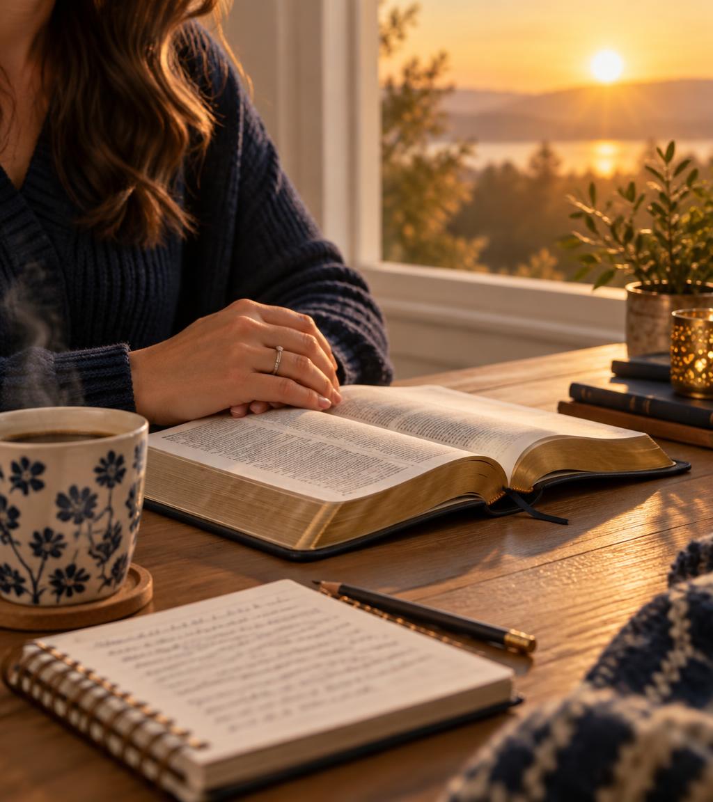 Mujer con su Biblia abierta y un cuaderno de notas al amanecer
